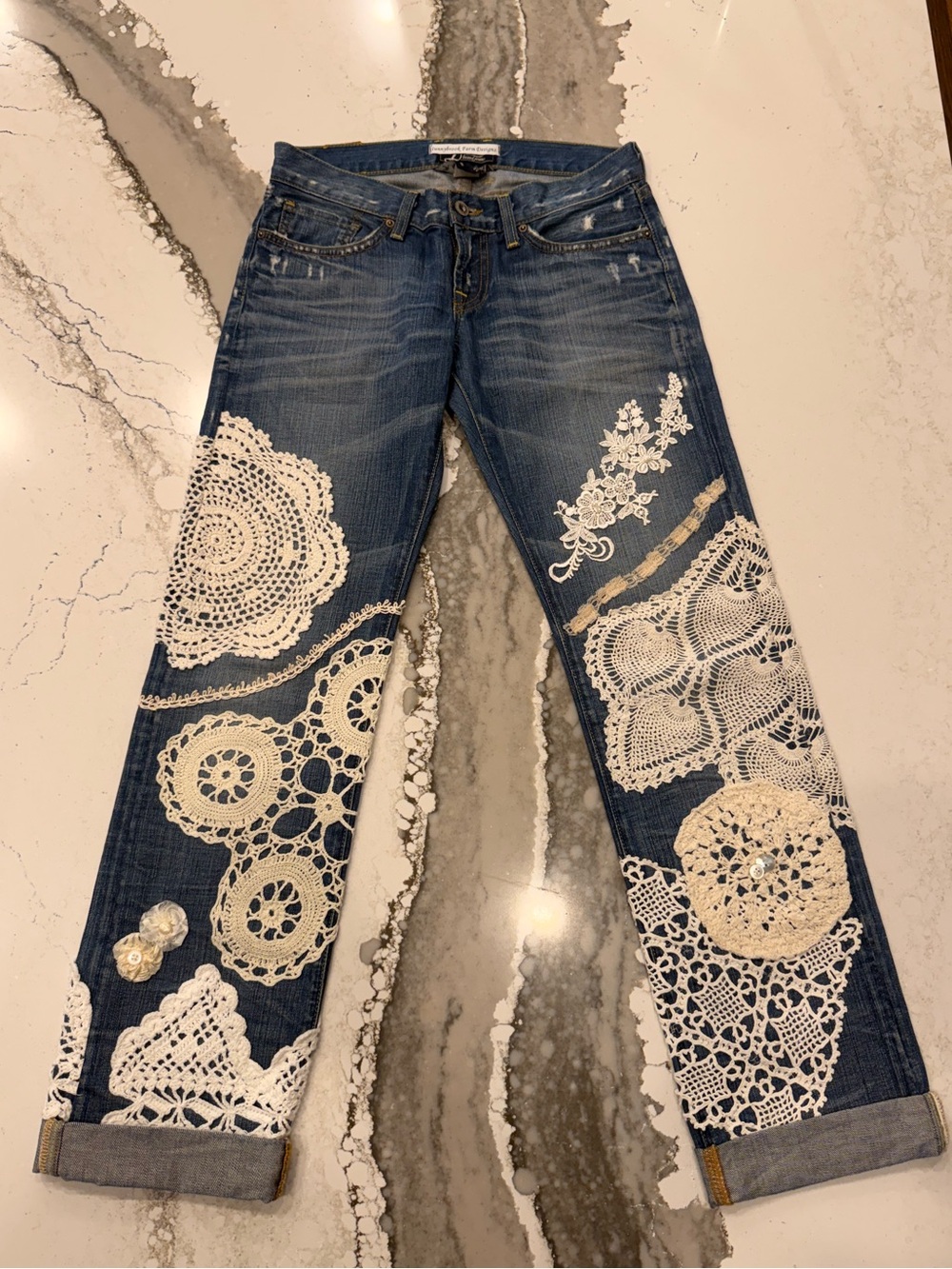 Lucky Brand Vintage 2000s Sunnybrook Farm Designs Crochet Upcycled Riley Jeans